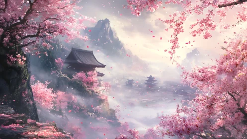 Petal-filled mountain temples glow softly in spring mist