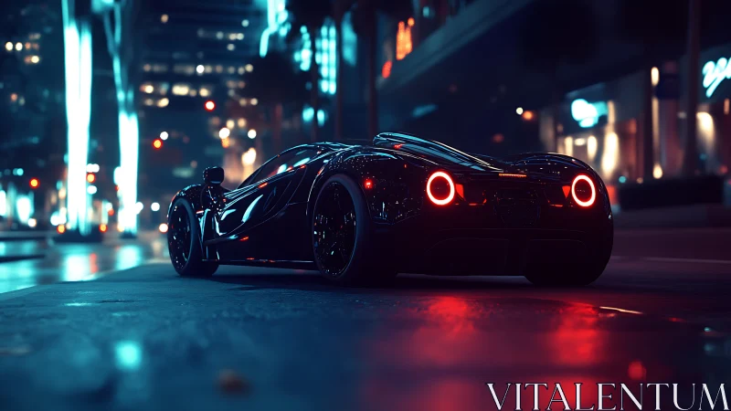 Midnight supercar glows against neon lit urban street