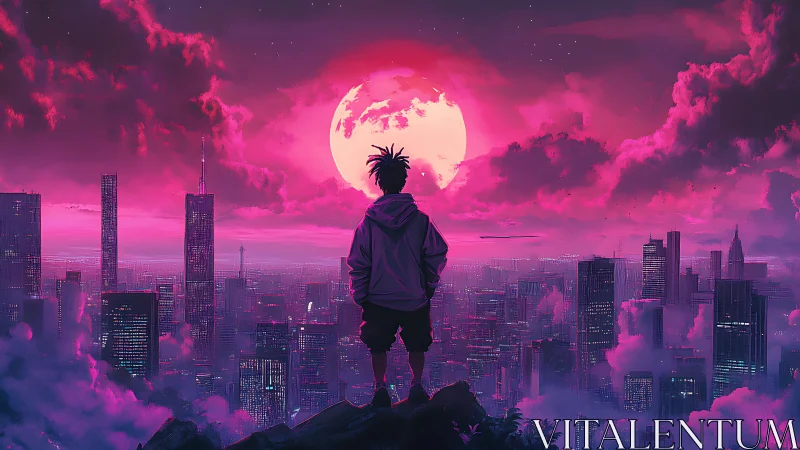 Silhouette figure overlooking neon magenta futuristic cityscape.