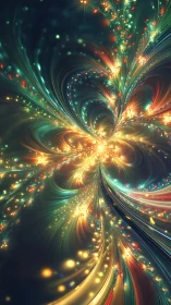 Fractal light streams curve outward forming glowing particle arcs