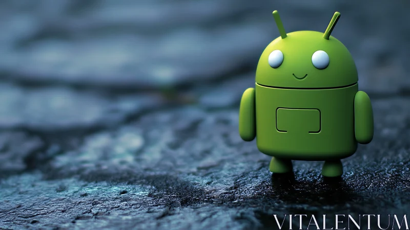 Green robot figurine stands on wet, textured surface