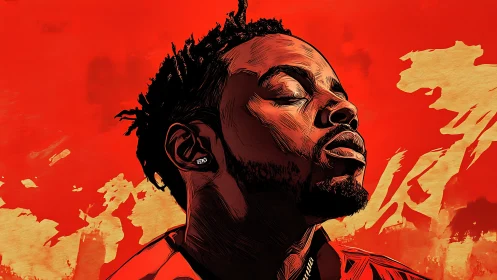 Vector portrait of contemplative man in high-saturation reds.