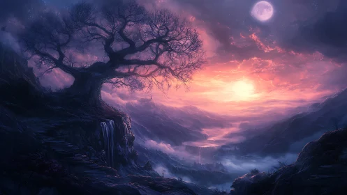 Twisted cliffside tree overlooks luminous twilight valley vista