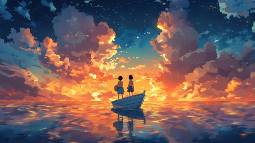 Sunset voyagers adrift in a painted ocean of cloudfire.