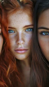 Freckled red-haired portrait captures intense blue-eyed gaze