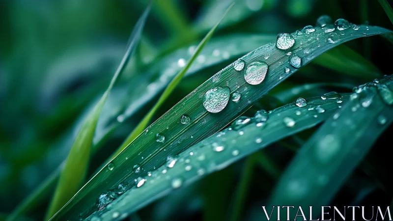 Close-up of water droplets resting on green grass leaves.