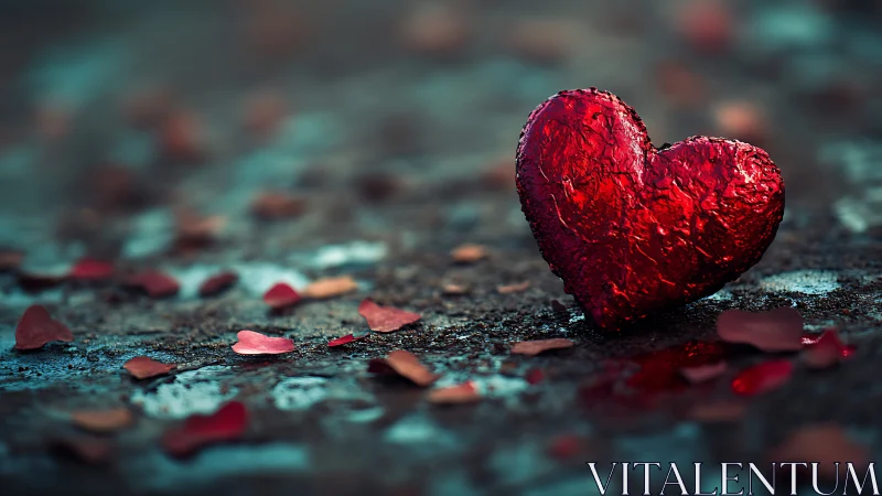 Crimson heart rests on textured ground with scattered petals