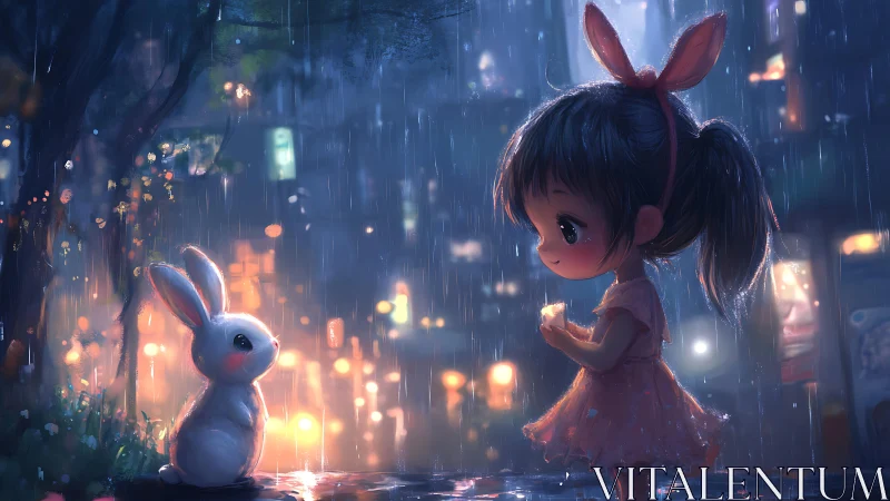 Rainy night girl and rabbit share a gentle, glowing moment.