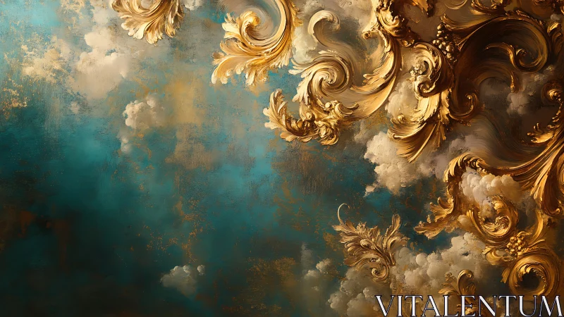 Ornate golden scrollwork against blue clouded background.