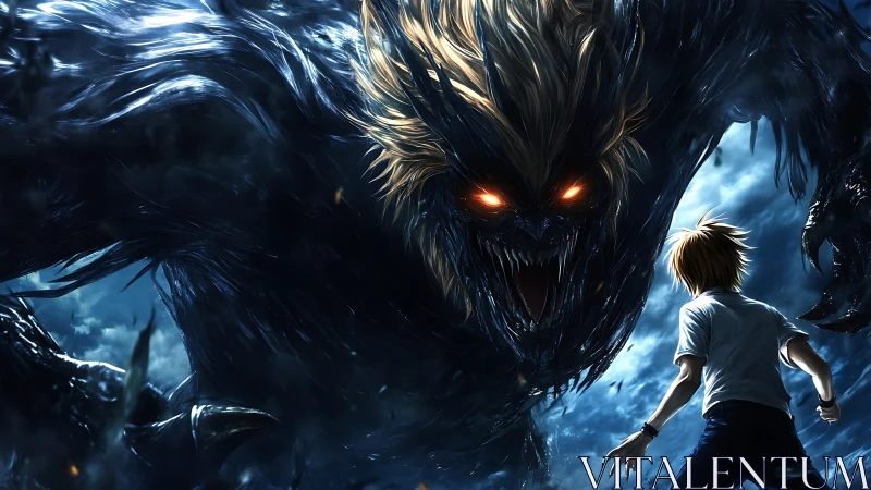 Boy confronts massive glowing-eyed demon in stormy night