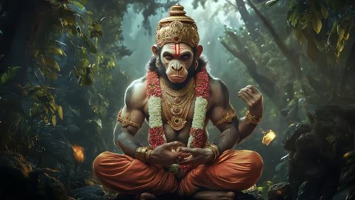 Divine simian warrior in meditative pose amid luminous jungle