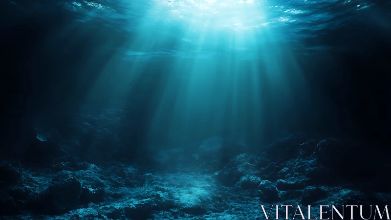 Submerged seafloor with volumetric blue shafts of sunlight.