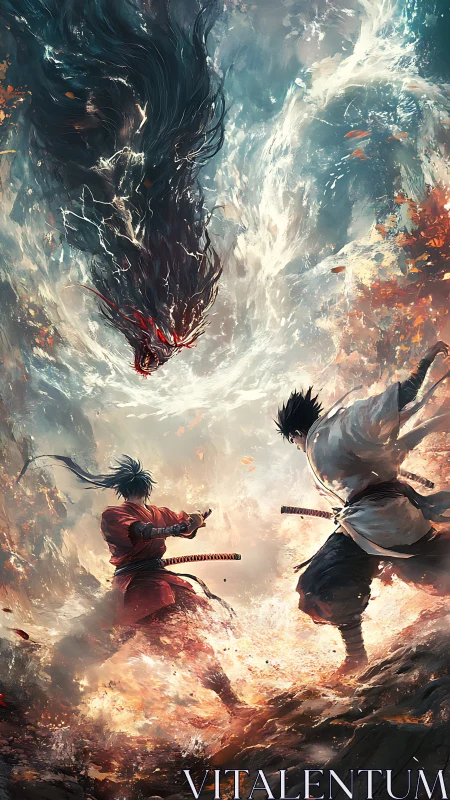 Samurai rivals unite beneath a roaring storm spirit.