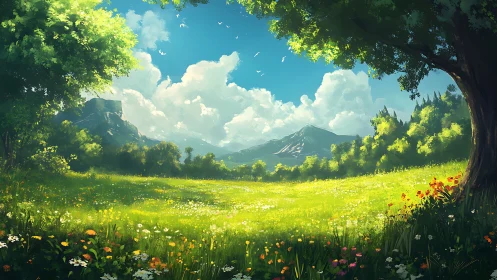 Sunlit meadow with wildflowers under bright summer sky.