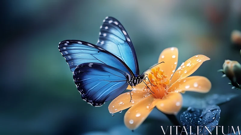 Macro optical study of blue butterfly on dew-laden flower.
