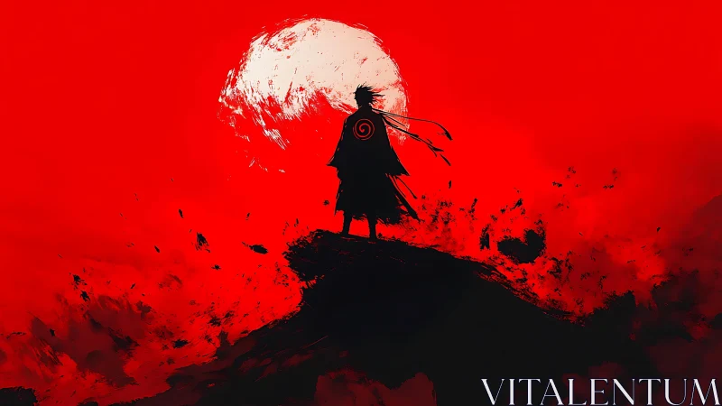 Lone shadow warrior crowned by a feral crimson moon.