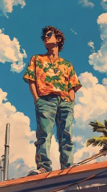 Teen stands rooftop under bold summer sky, vibrant colors.