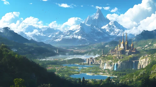Fantasy citadel panorama with tiered alpine environment design.