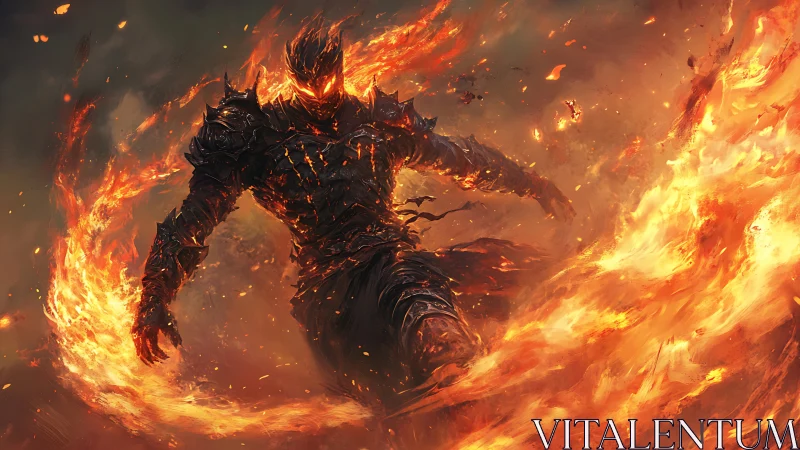 Pyroclastic armored titan emerging through turbulent flamefield.