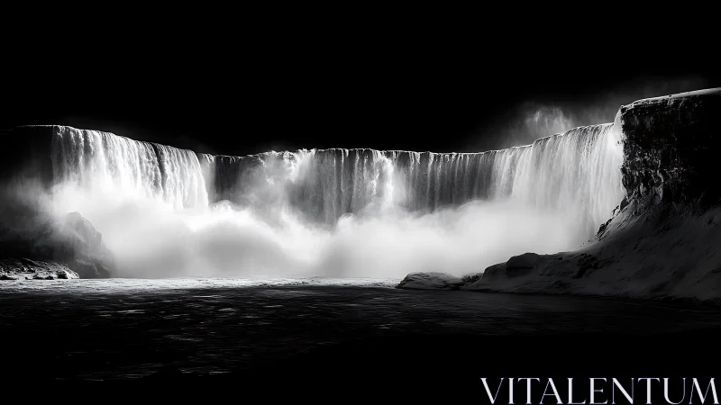 Monochrome long‑exposure waterfall under high contrast sky