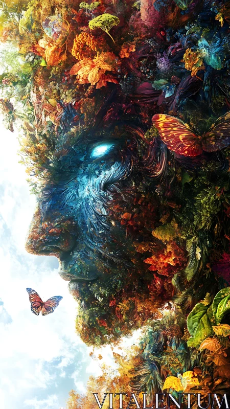 Elemental forest face merges seasons with luminous spirit