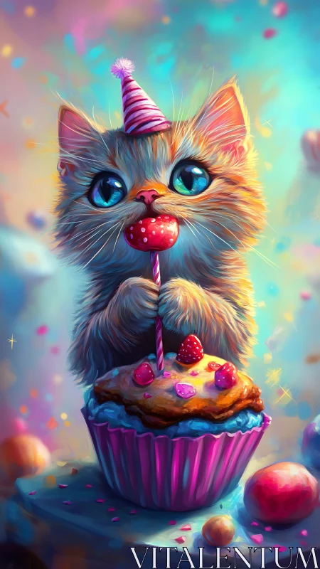 Whimsical Cat Perched on Rainbow Frosting Cupcake Tower.