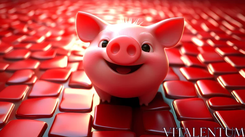 Cute Cartoon Pig Smiling on Shiny Red Tiles, 3D Render Style.