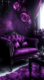 Velvet amethyst parlor with roses and gothic glamour glow.