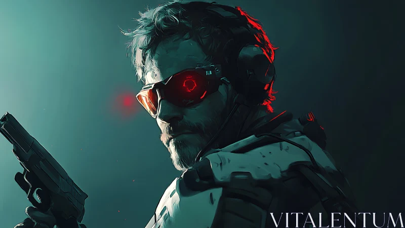 Cyber soldier in red visor glow, tense side profile portrait.