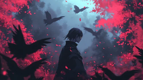 Solitary anime figure stands amid crimson crows and petals.