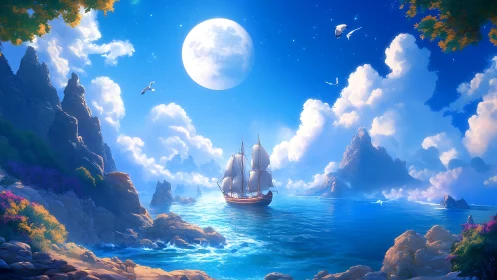 Sailing ship under full moon in vivid coastal fantasy seascape.