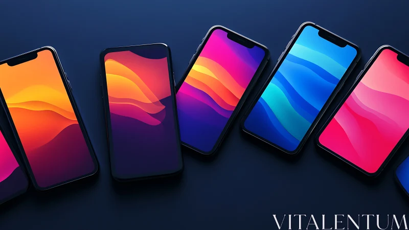 Five Luminous Phones Dancing Through Gradient Dreamscapes.