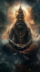 Mystic ascetic levitates amid radiant halo in ornate digital rendering