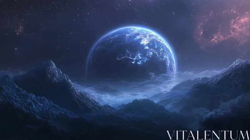 Luminous exoplanet rising over icy alien mountain range.