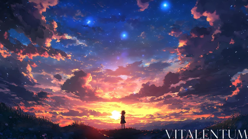 Solitary child gazes into a blazing, star-filled twilight sky