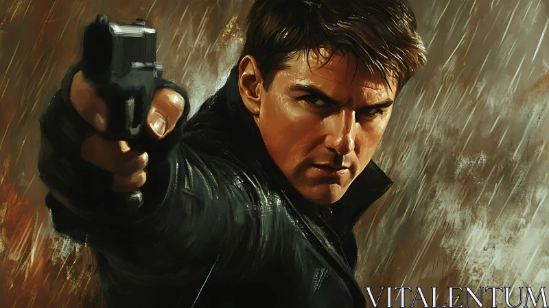 Gunman aims pistol forward under heavy slanting rain