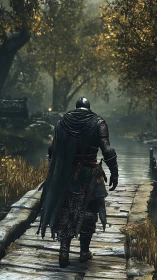 Armored wanderer crossing weathered boardwalk in misted grove.