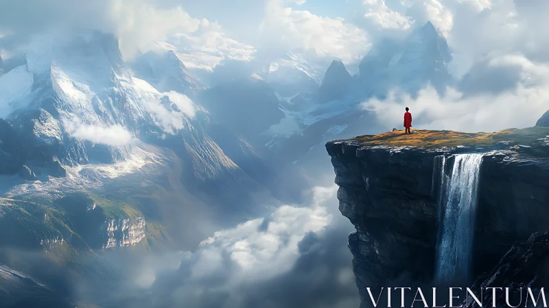 Solitary figure on high cliff above clouds and waterfall.