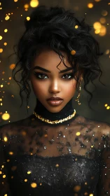 Digital portrait with bokeh-lit couture and luminous gaze focus.