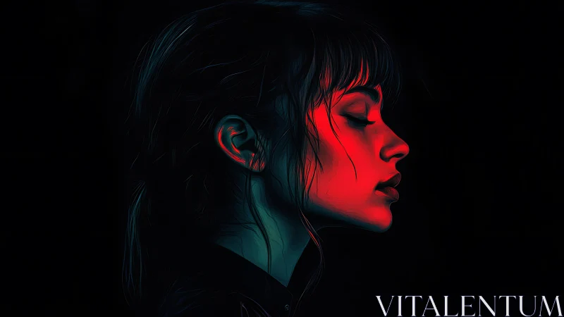 Neon-lit side profile of woman in sculpted red and teal glow.