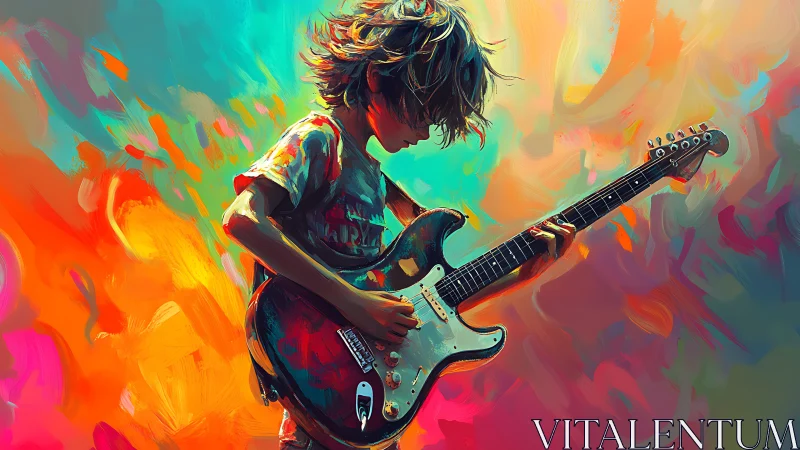 Dynamic youth guitarist rendered in expressive chromatic brushstrokes