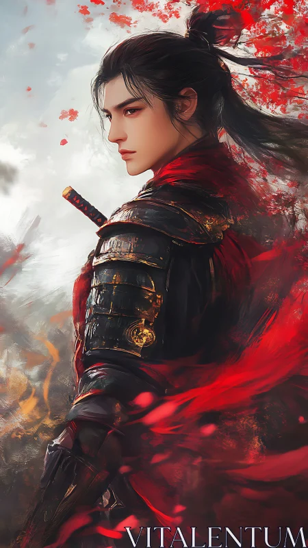 Warrior in black armor with red cloak in storm of petals.