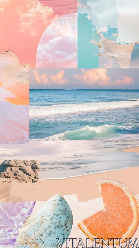 Layered pastel seascape collage integrates sky, surf, shells and citrus forms