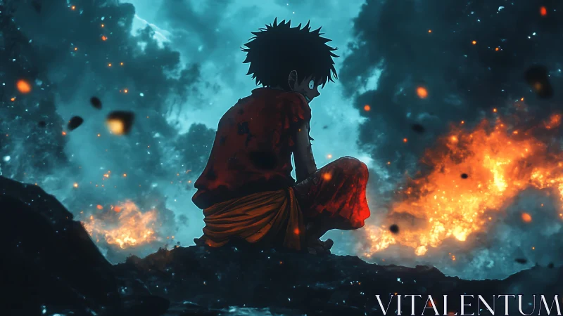 Stormlit ember hero resting between ruin and rebirth.