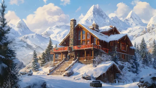 Large timber chalet occupies foreground of alpine valley scene