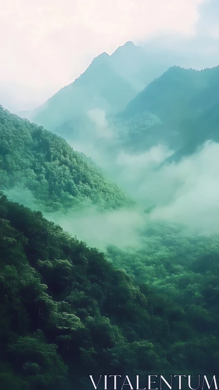 Mist-laden emerald mountains with layered forest canopy.