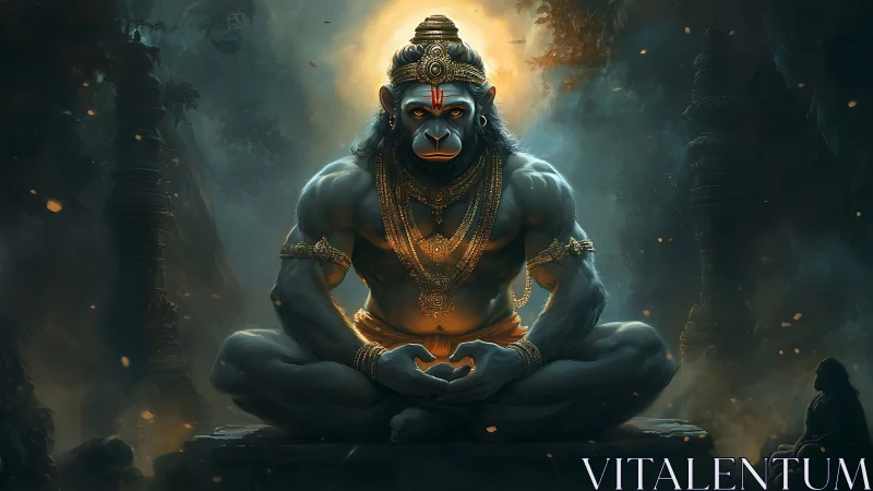 Divine simian yogi in mystical golden haloed temple night.