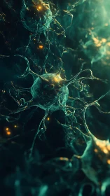 Rendered neural structures extend through a dark abstract field