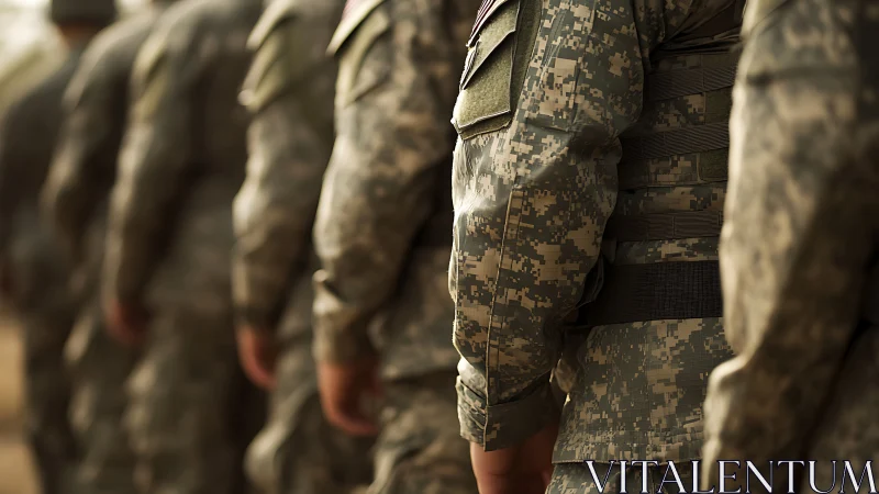 Military personnel in fatigues aligned in shallow focus column.