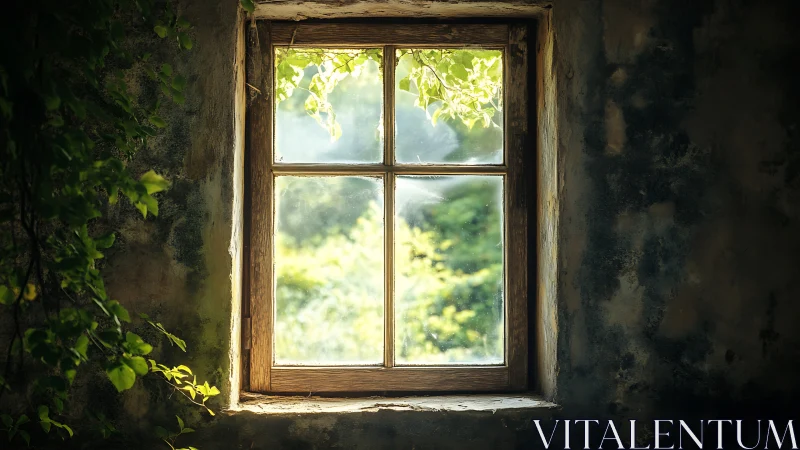 Sunlit rustic casement window framing verdant summer garden
